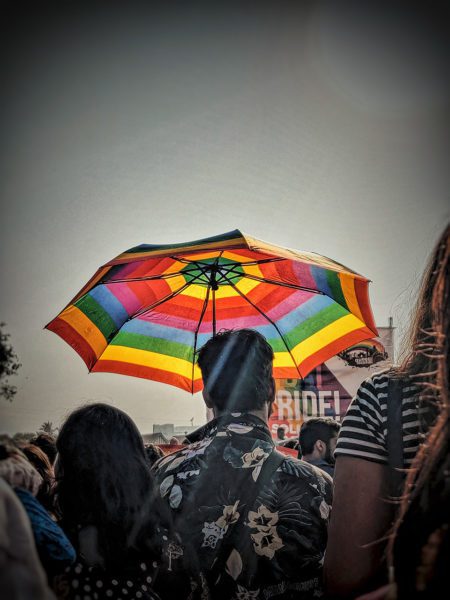 Rainbow umbrella at pride march