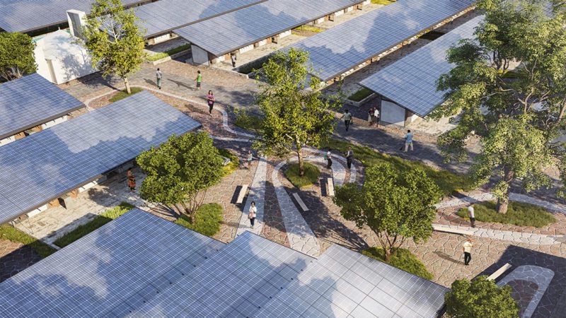 Solar panels on rooftopos in a community
