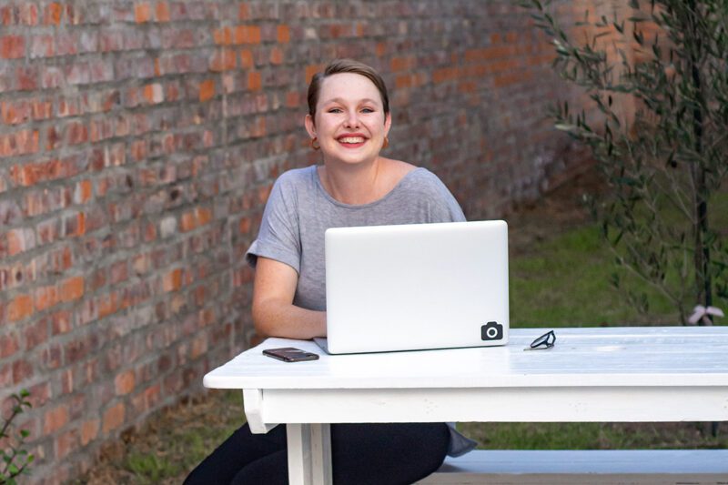 White woman at computer