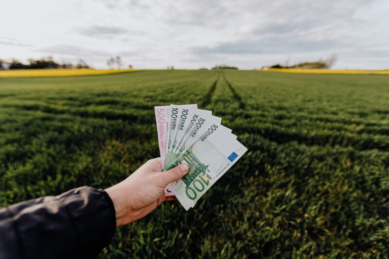 Hand holding money with farm in background