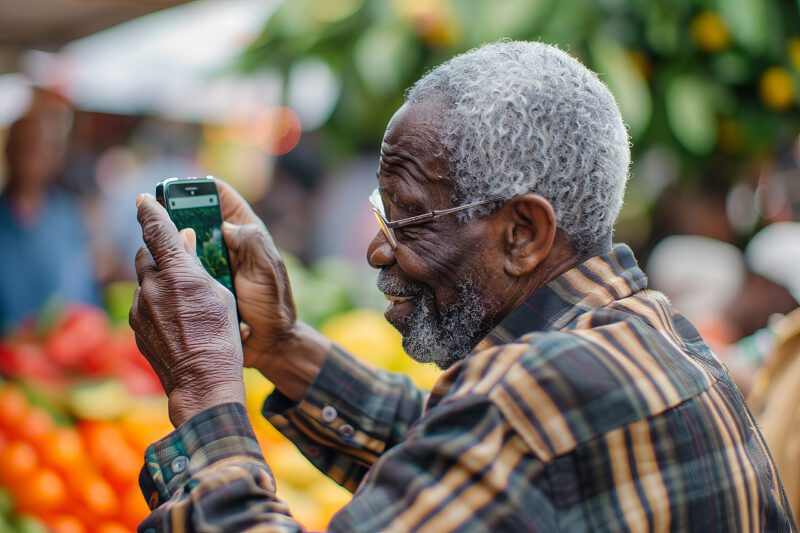 Black older man on cell phone