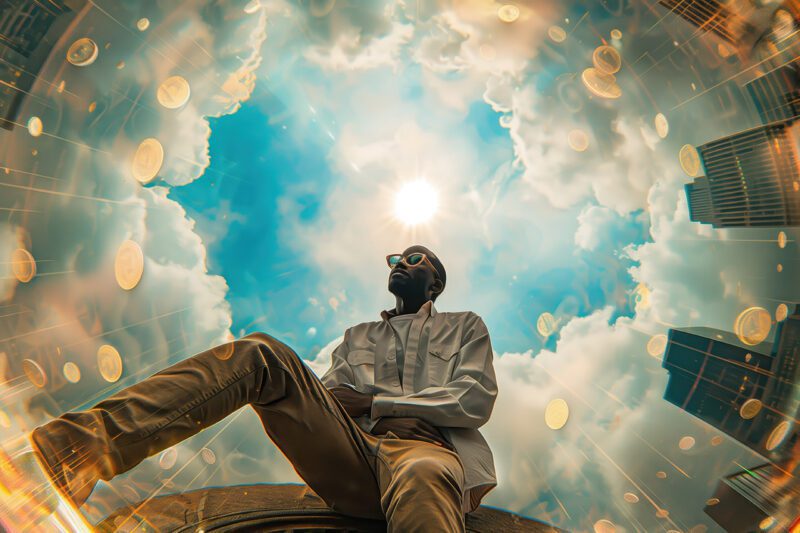 Man photographed through prism with clouds and buildings above