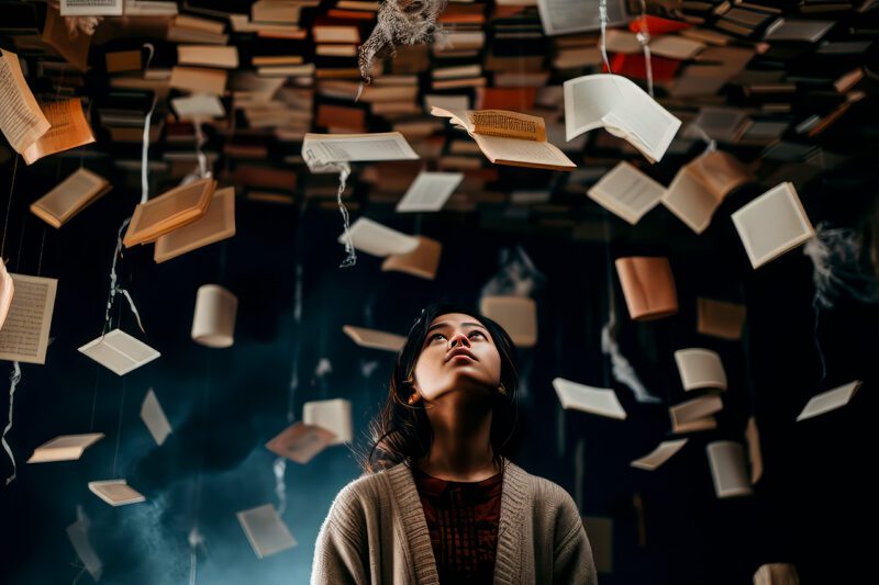 Girl looking up at suspended books