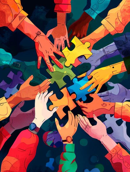 Colorful illustration of hands reaching for a jigsaw puzzle piece