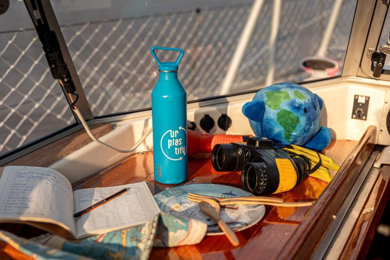 Water bottle and other items on a ships deck