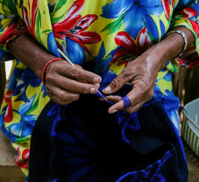 Columbian woman artisan making Delzur Crochet