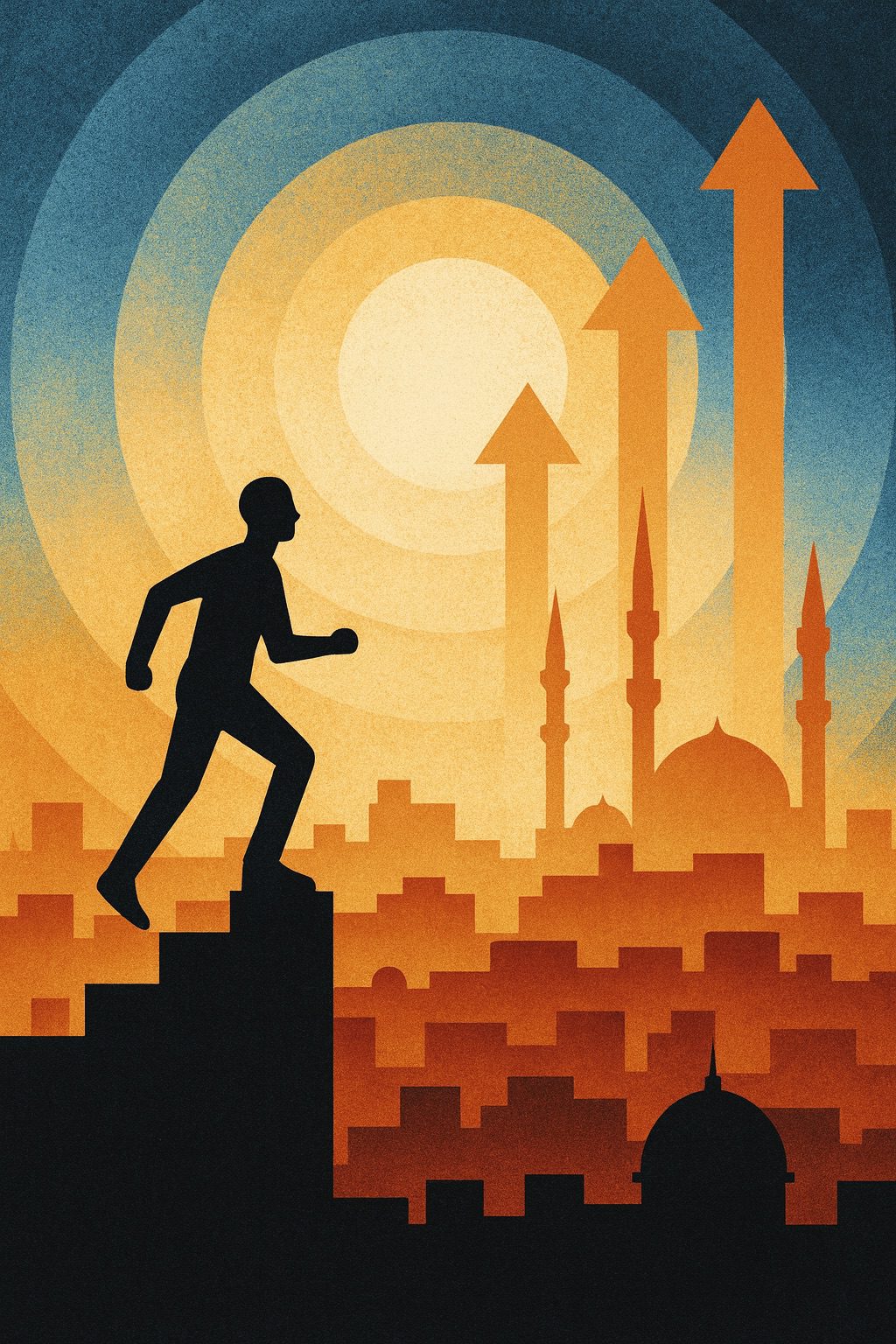 Human climbing stairs in front of Middle Eastern city graphic