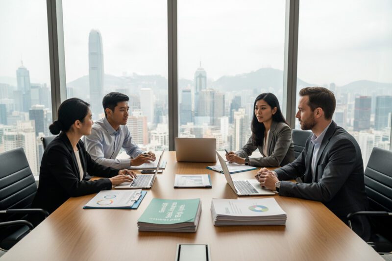 Four Asian professionals meet at conference table