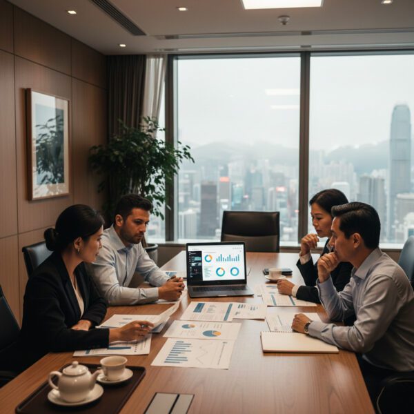 Asian professionals meet at conference table