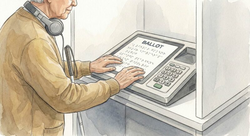 Man voting using braille voting machine