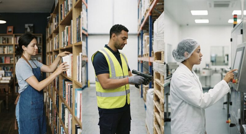 diverse workers across different service industries — retail, logistics, manufacturing — presented as a quiet montage