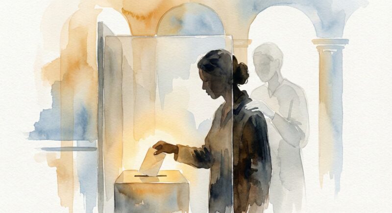 Illustration of blind woman voting with assistance