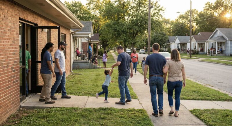 workers leaving work in daylight, families and communities in the background, a sense of continuity and resilience.
