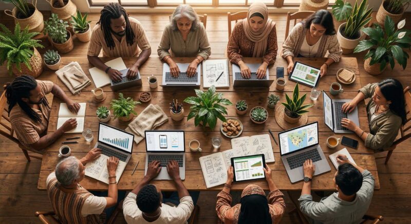 birds-eye view of a large wooden table where a diverse group of people — different ages, ethnicities, and styles — are working collaboratively on laptops, tablets, notebooks, and hand-drawn sketches. 