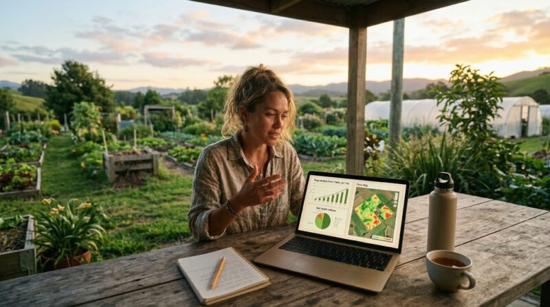 a woman in a rural setting — perhaps the Berkshires or East Africa — sitting at a simple wooden table outdoors with a laptop open in front of her. Behind her, a thriving small farm or community garden is visible. 