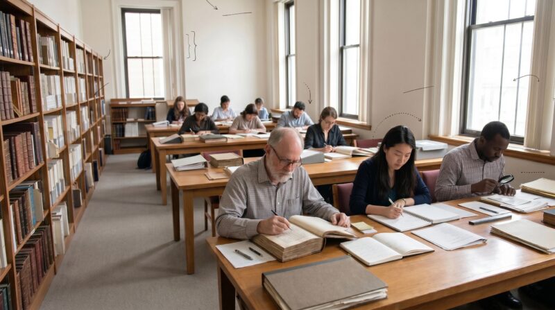 a working manuscript archive or research library reading room, with people from visibly different cultural and linguistic backgrounds reading, annotating texts, and cataloguing materials in parallel. 