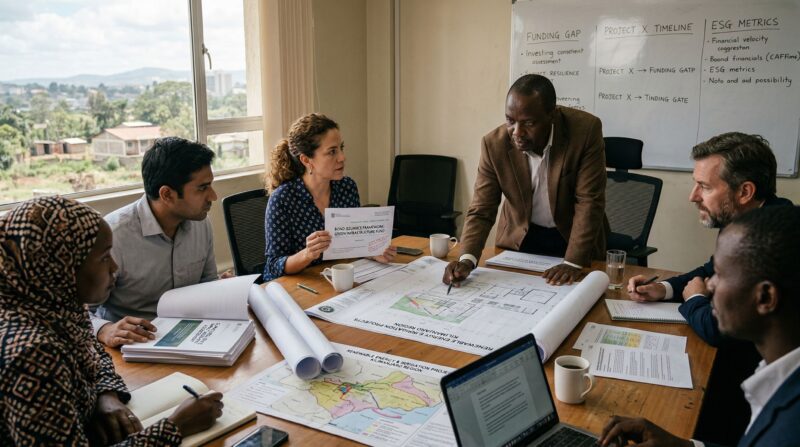 diverse professionals around a table reviewing printed infrastructure plans, bond documents, maps, and climate-resilience project materials. 