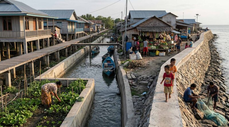 A climate-vulnerable coastal or flood-prone community in the Global South with visible adaptation infrastructure in use — reinforced shoreline, water management channels, resilient housing or public works, local residents and small business activity continuing nearby. 