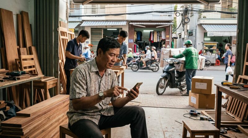 a small business owner reviewing financing or payment information on a phone or tablet while goods, inventory, or workshop activity continues around them.