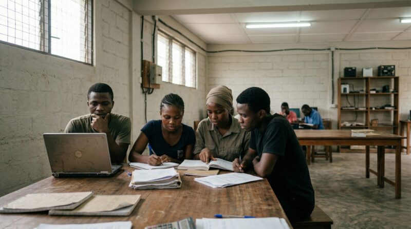 A group of young adults in their late teens and early twenties sit around a simple shared table in a practical training or work-preparation setting, with notebooks, laptops, and papers visible. 