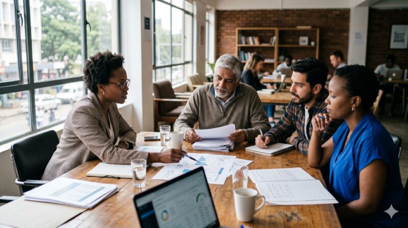 a small group of impact investors in a discussion setting reviewing deal terms — diverse participants, papers and financial charts on table, informal but focused environment