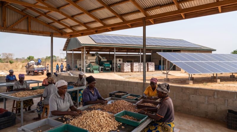 a solar-powered agricultural processing facility in West Africa, with women workers sorting or preparing crops and a larger processing structure visible in the background. 