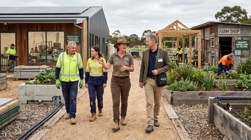 an entrepreneur, workers, and a capital partner walking through a growing enterprise site — part production space, part community-facing operation.