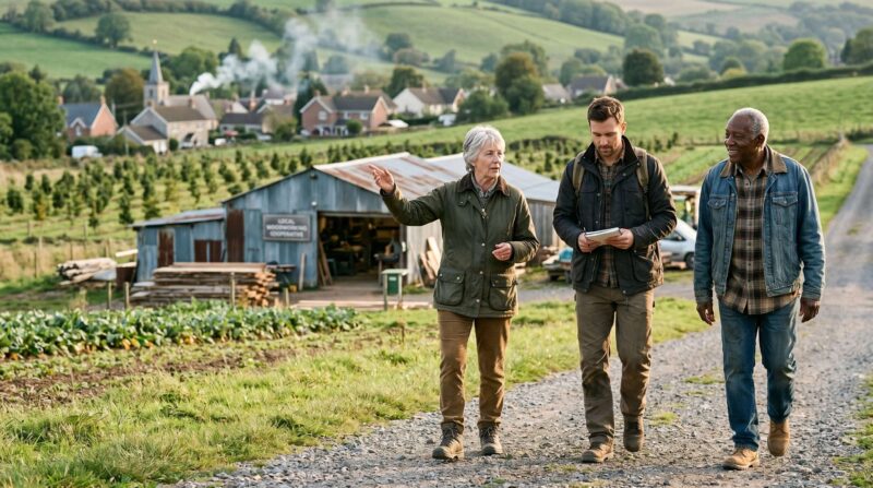A multigenerational group — including an older investor, a younger entrepreneur, and a local community representative — walking together through a working landscape that includes both built infrastructure and nature