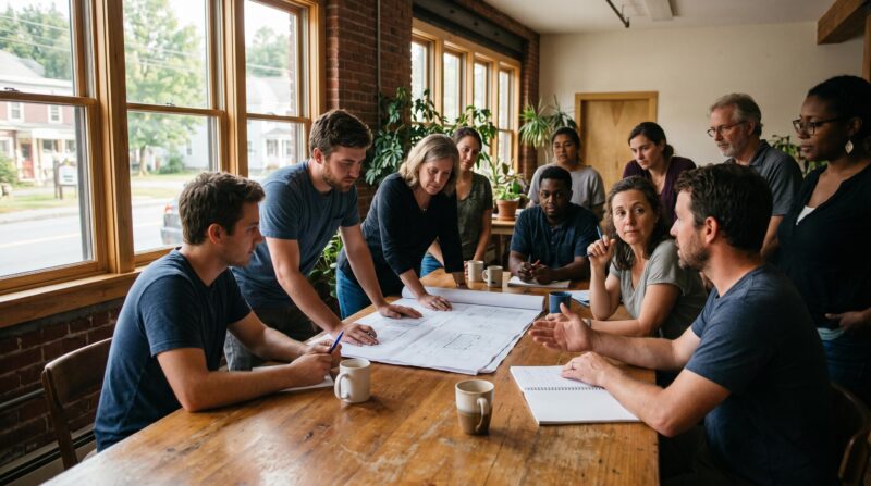 Employees in a worker-owned or mission-driven enterprise gathered in a modest but well-designed meeting space, with a visible sense of participation and shared decision-making