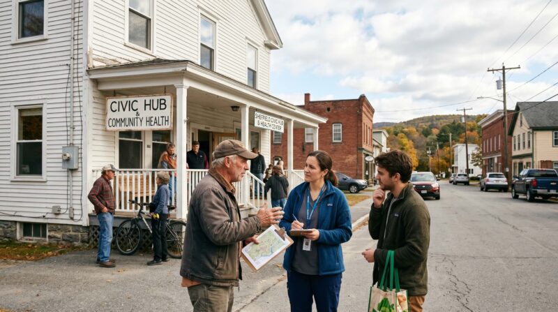 A community health or civic hub in a rural American town, showing local residents, a clinician or organizer, and a neighborhood setting that conveys resilience after economic dislocation.