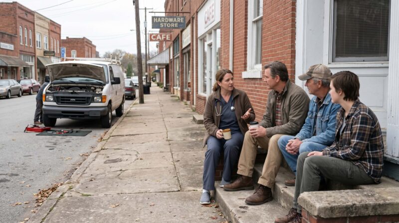 On the steps of a modest community clinic, a community health worker and a visiting investor in plain clothes sit with two local residents, sharing coffee and talking quietly. The setting should feel regionally specific and economically real — brick storefronts, wor