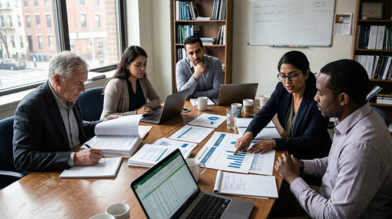a diverse group of analysts or public officials reviewing household survey documents, printed charts, and notes in a meeting room.