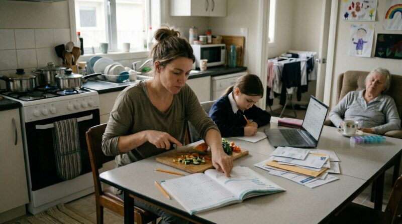 domestic scene showing a woman managing multiple invisible forms of labor at once: preparing food, organizing household items, helping a child with schoolwork, while an elderly family member is present nearby.