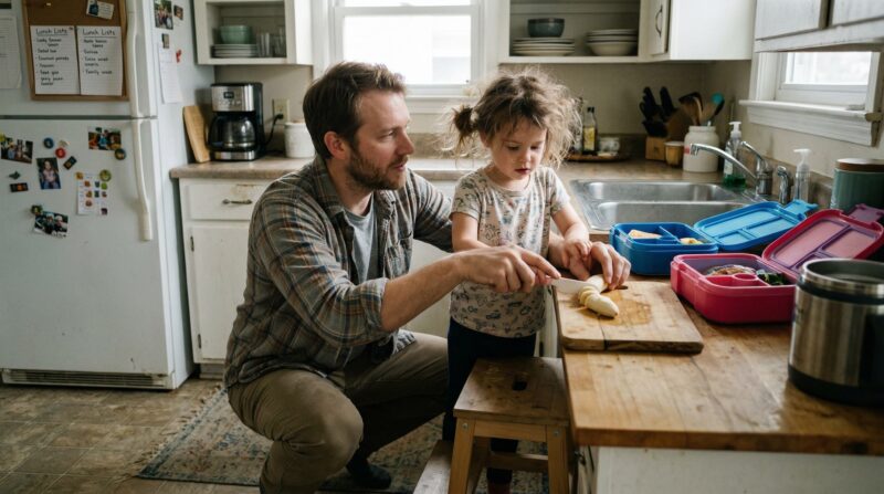 a father caring for a young child in an everyday home setting — preparing food