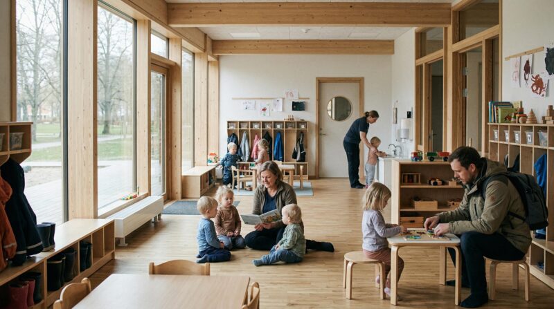 a public childcare or community care setting in a Nordic-style social infrastructure environment.