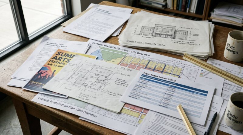 A close-up documentary-style photograph of a table where urban planning documents, architectural sketches, financial reports, and cultural event flyers overlap, suggesting the intersection of finance, design, and community life. 