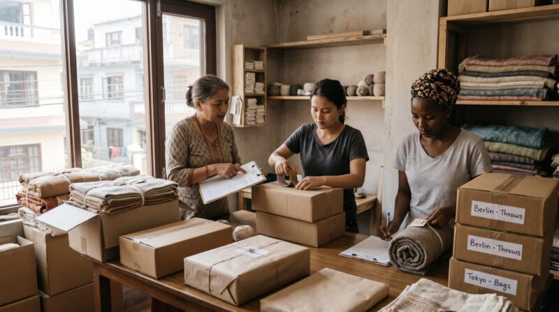 packaged handmade textile goods being prepared for export, with boxes, order forms, fabric labels, and a small team reviewing shipments.